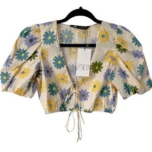 Zara, Women's Floral Poplin Crop Top, Puff Sleeve. Size: S. NWT